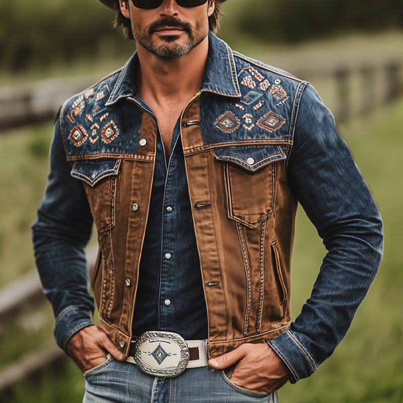 Men's Western Cowboy Style Vintage Color Block Embroidered Denim Jacket MTA1348E6U