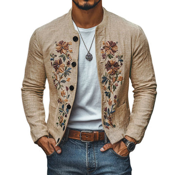 【24-hour shipping out】Men's Casual Linen Embroidered Stand Collar Single Breasted Slim Fit Jacket 48687422M