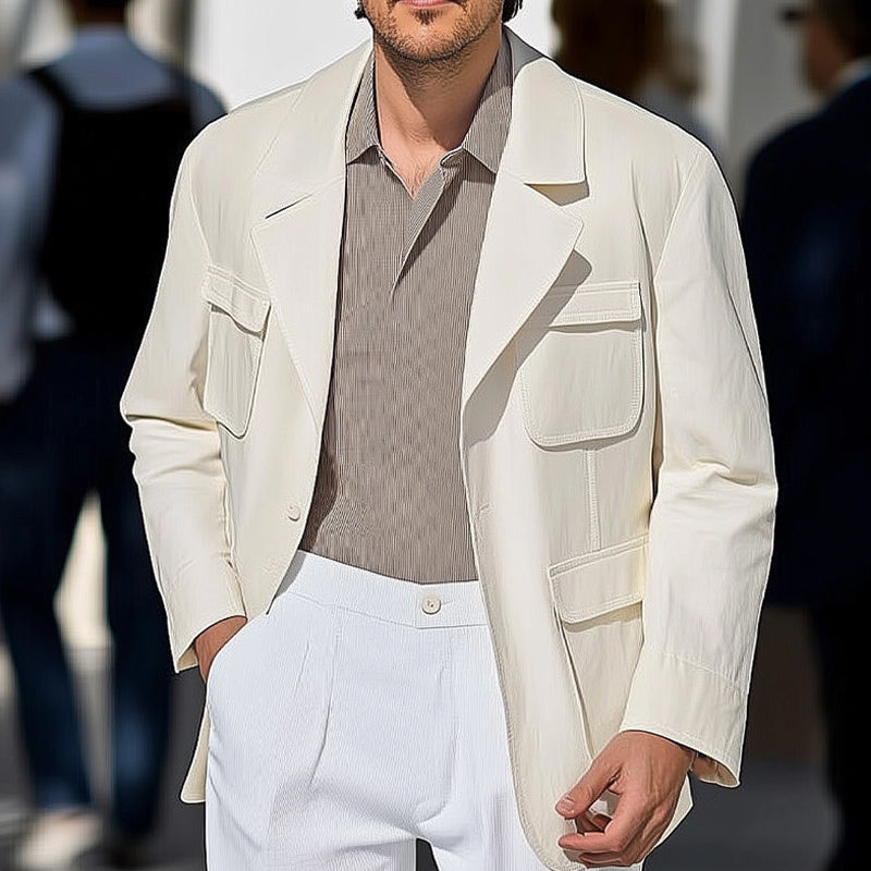 Men's Spring and Autumn Pure White Multi-Pocket Casual Loose Jacket MTA1937C9U