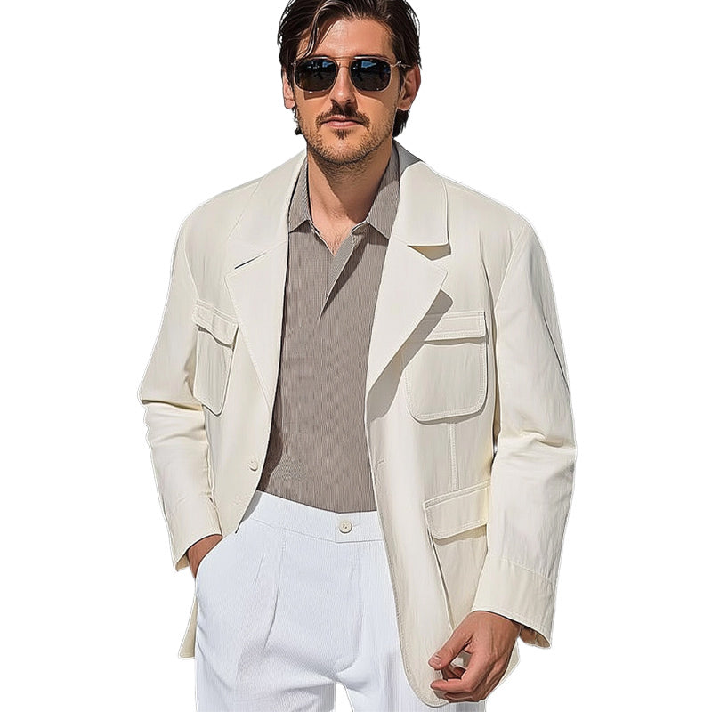 Men's Spring and Autumn Pure White Multi-Pocket Casual Loose Jacket MTA1937C9U
