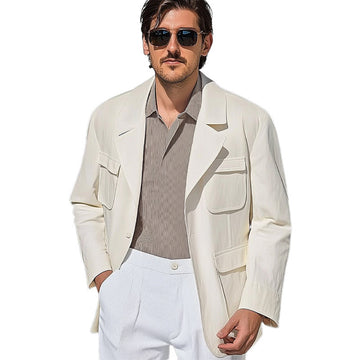 Men's Spring and Autumn Pure White Multi-Pocket Casual Loose Jacket MTA1937C9U