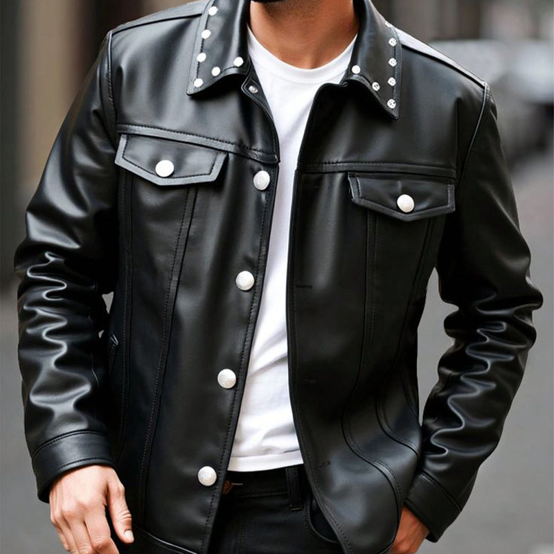 Men's Spring and Autumn Pure Black Lapel PU Leather Jacket MTA2049C6U