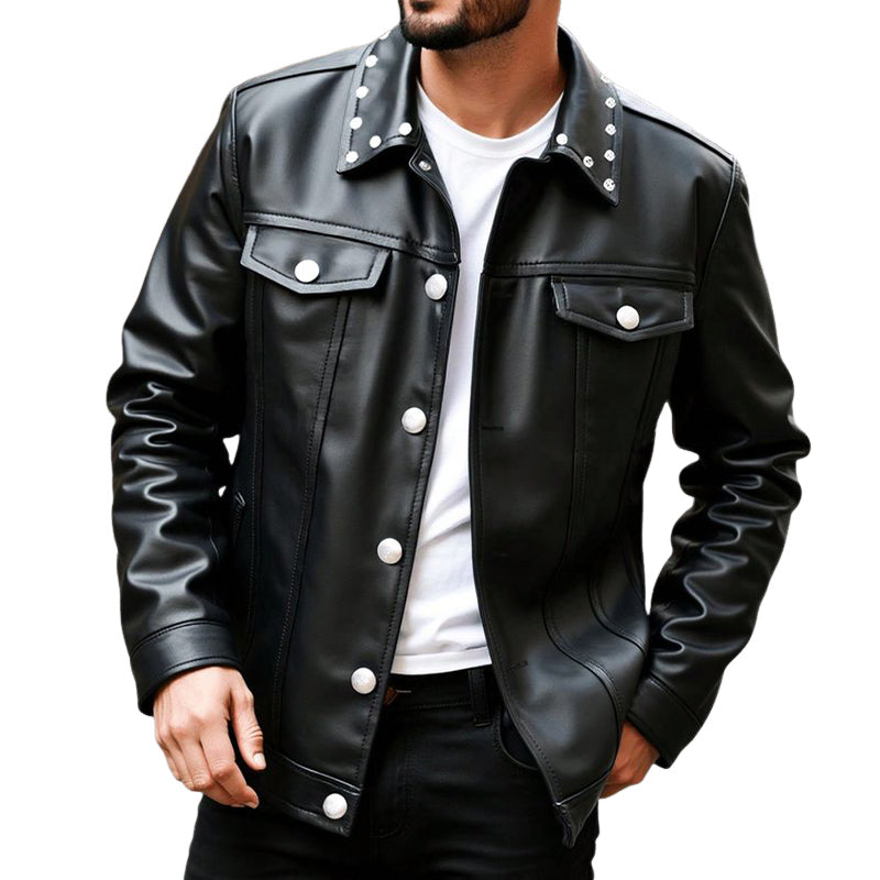 Men's Spring and Autumn Pure Black Lapel PU Leather Jacket MTA2049C6U