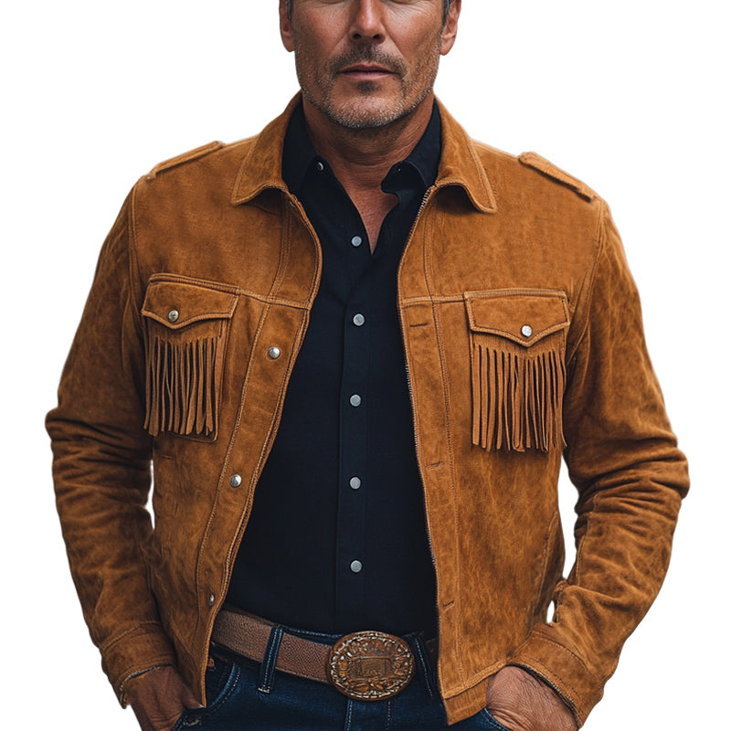 Men's Spring and Autumn Brown Vintage Tassel Suede Jacket MTA2560C5U