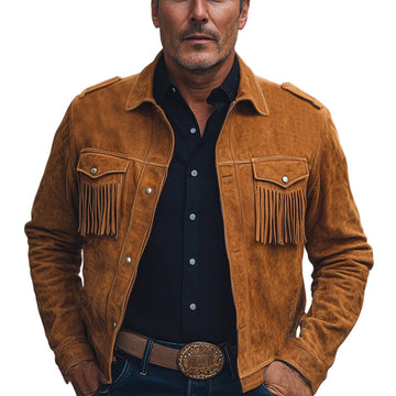 Men's Spring and Autumn Brown Vintage Tassel Suede Jacket MTA2560C5U