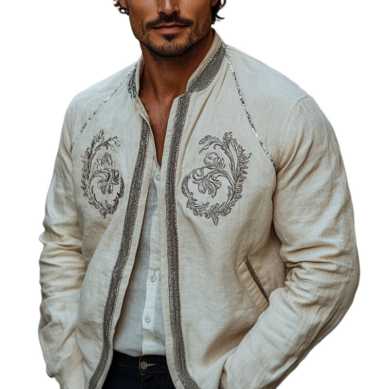 Men's Spring Fashion Embroidered Cotton and Linen Jacket MTA2630C4U