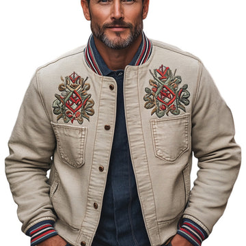 Men's Khaki Grainy Textured Embroidered Jacket MTA2699C7U