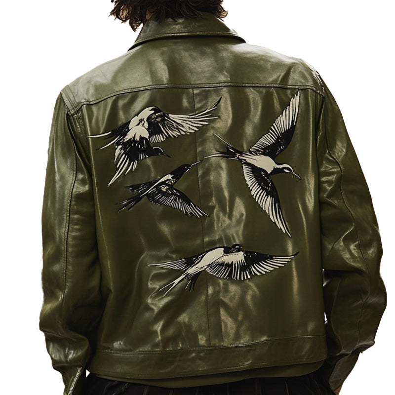 Men's Spring Fashion Vintage Embroidered Leather Jacket MTA1269D3P