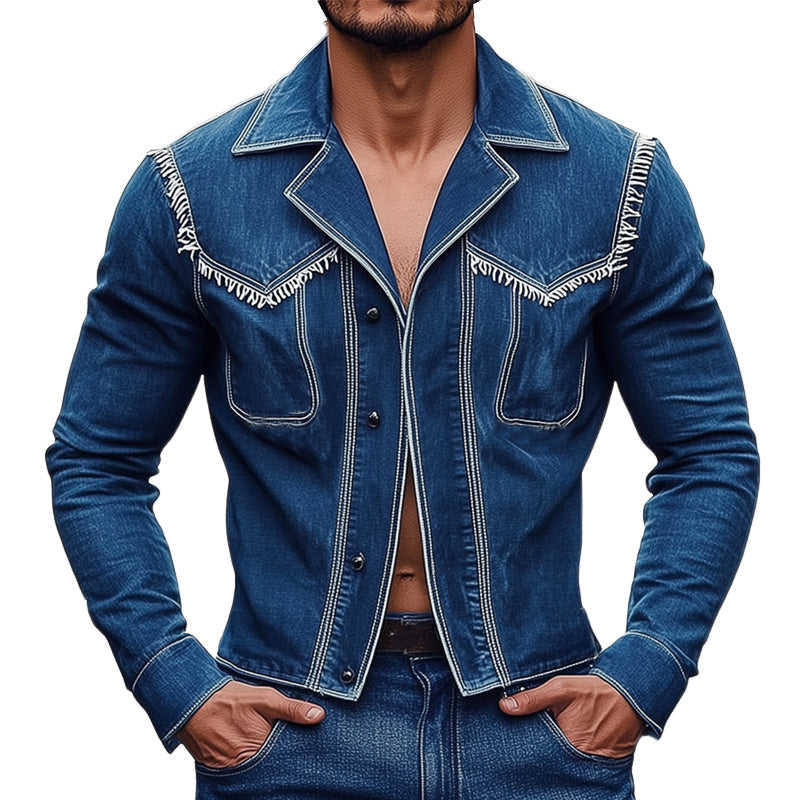 Men's Stylish Notched Lapel Fringed Denim Jacket MTA1873D3U