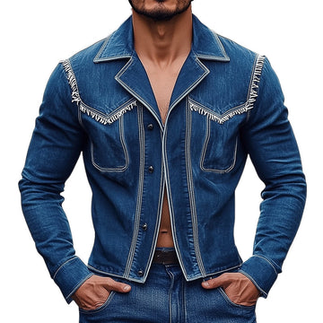 Men's Stylish Notched Lapel Fringed Denim Jacket MTA1873D3U