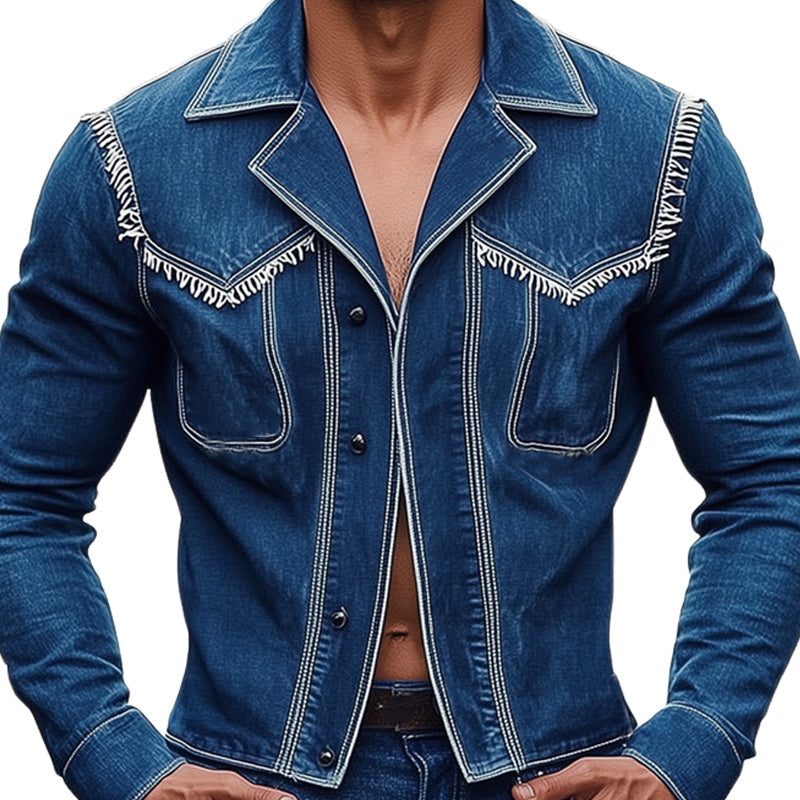 Men's Stylish Notched Lapel Fringed Denim Jacket MTA1873D3U