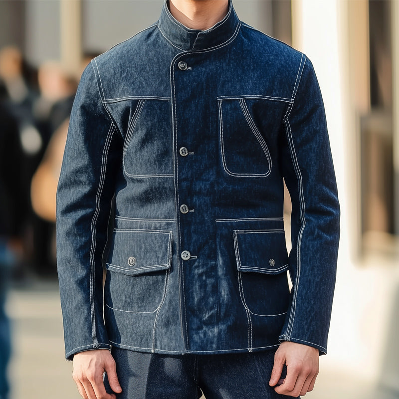 Men's Dark Blue Stand Collar Denim Jacket MTA1806D0U