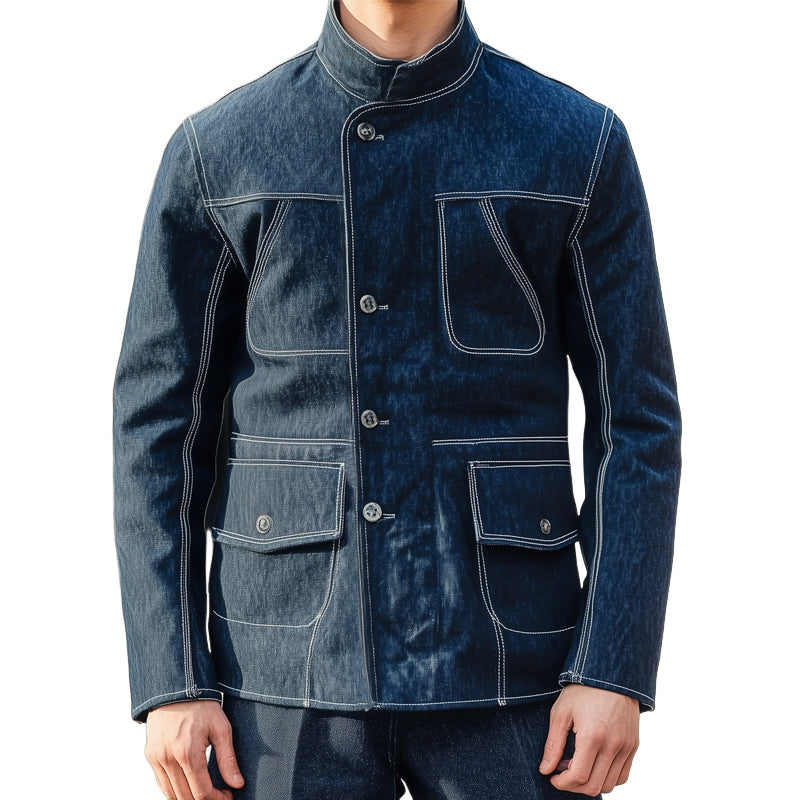 Men's Dark Blue Stand Collar Denim Jacket MTA1806D0U