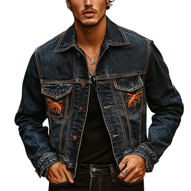 Men's Casual Vintage Embroidered Thin Denim Jacket MTA2280D0X