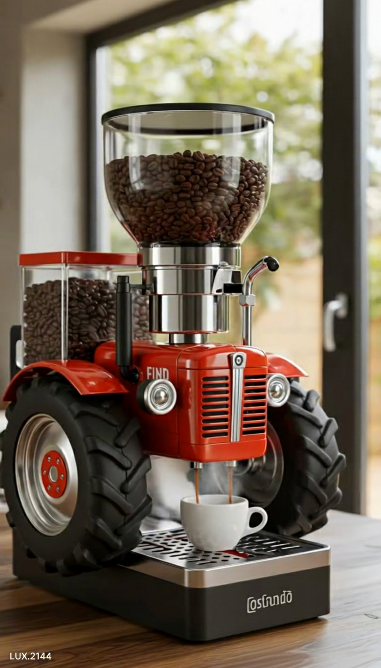 Coffee grinder designed like a tractor with coffee beans and a cup on a wooden surface.