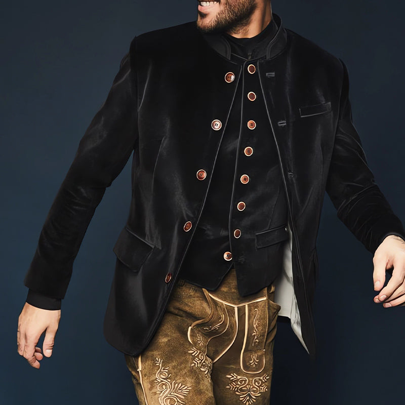 Men's Black Stand Collar Single Breasted Velvet Slim Jacket 99845222U