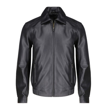 Bomber leather jacket with spread collars