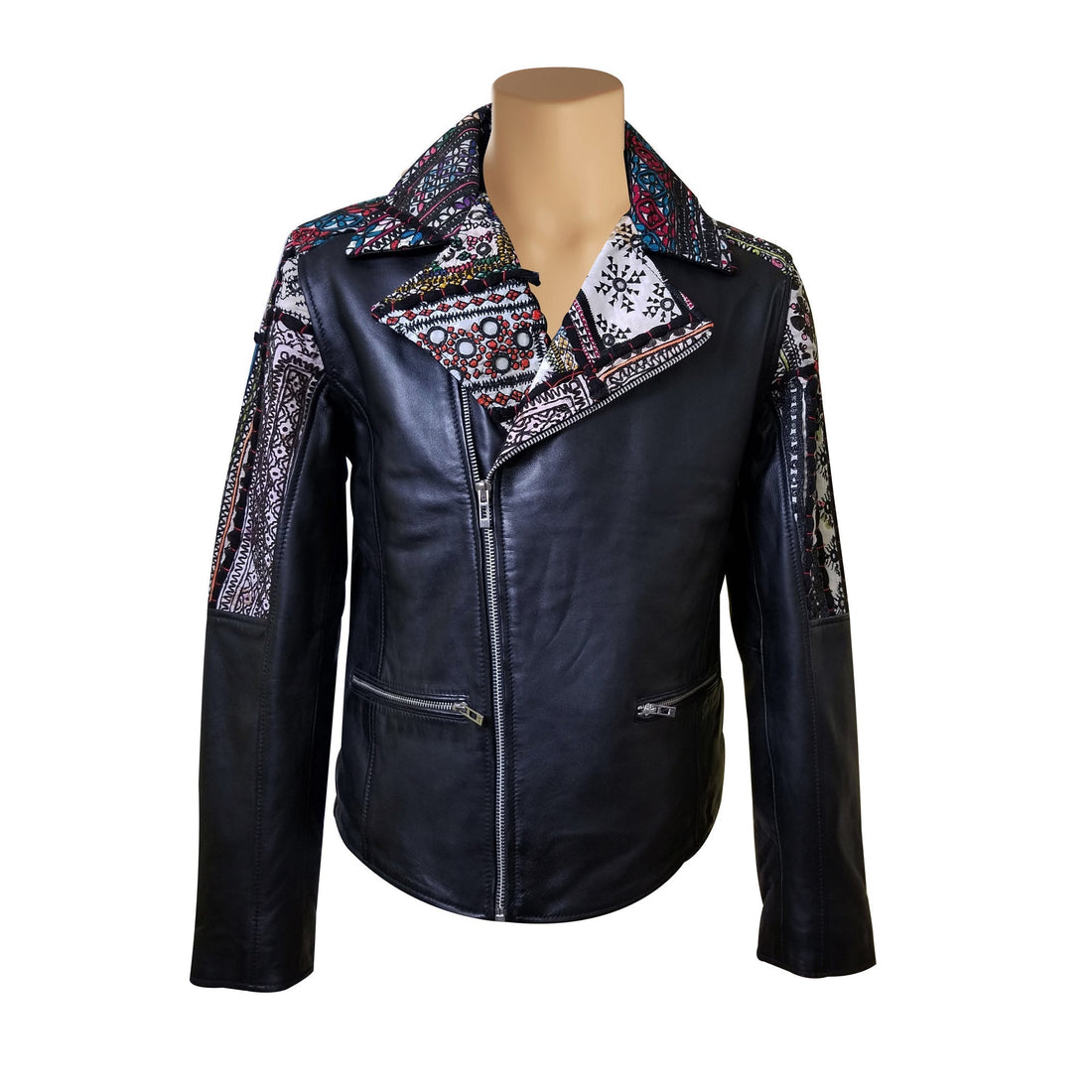 Bohemian Leather jacket with Tribal Hand Embroidered Fabric