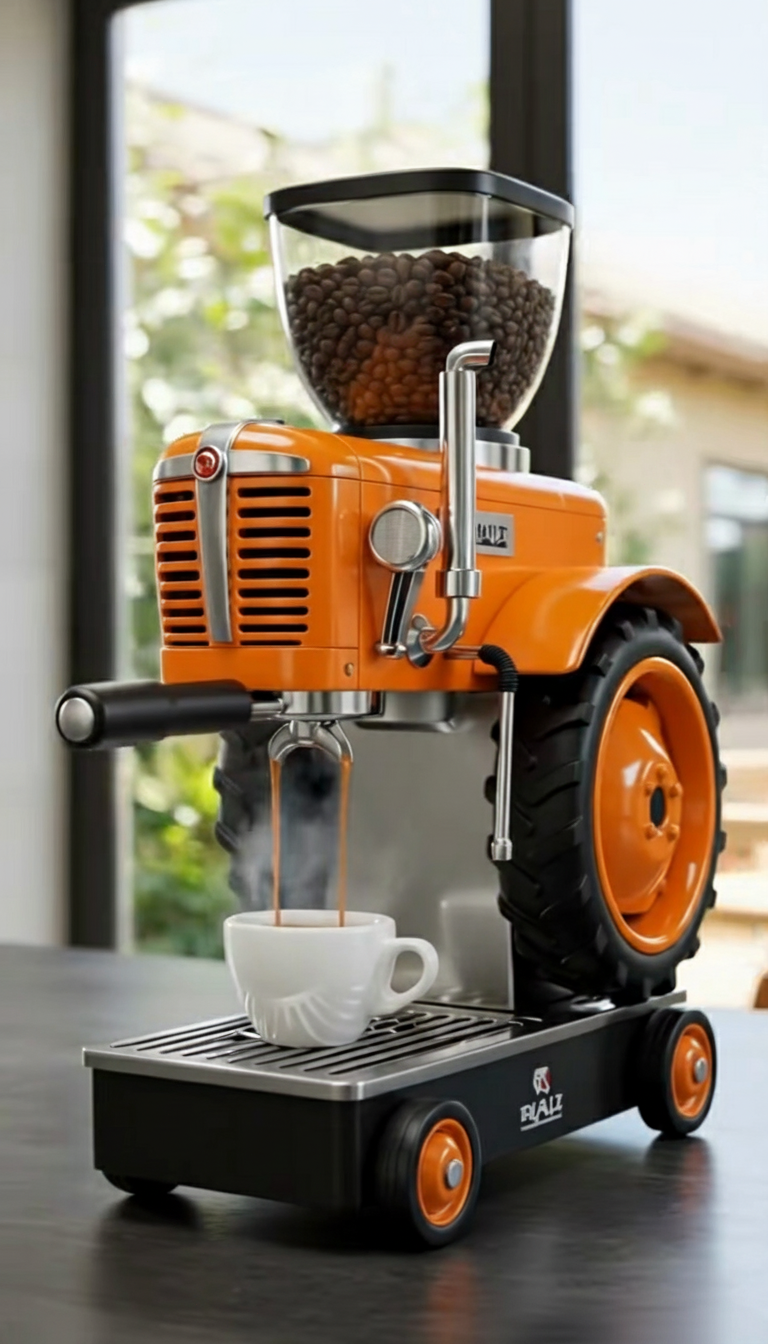 Orange coffee grinder shaped like a tractor with a cup of coffee on a table.