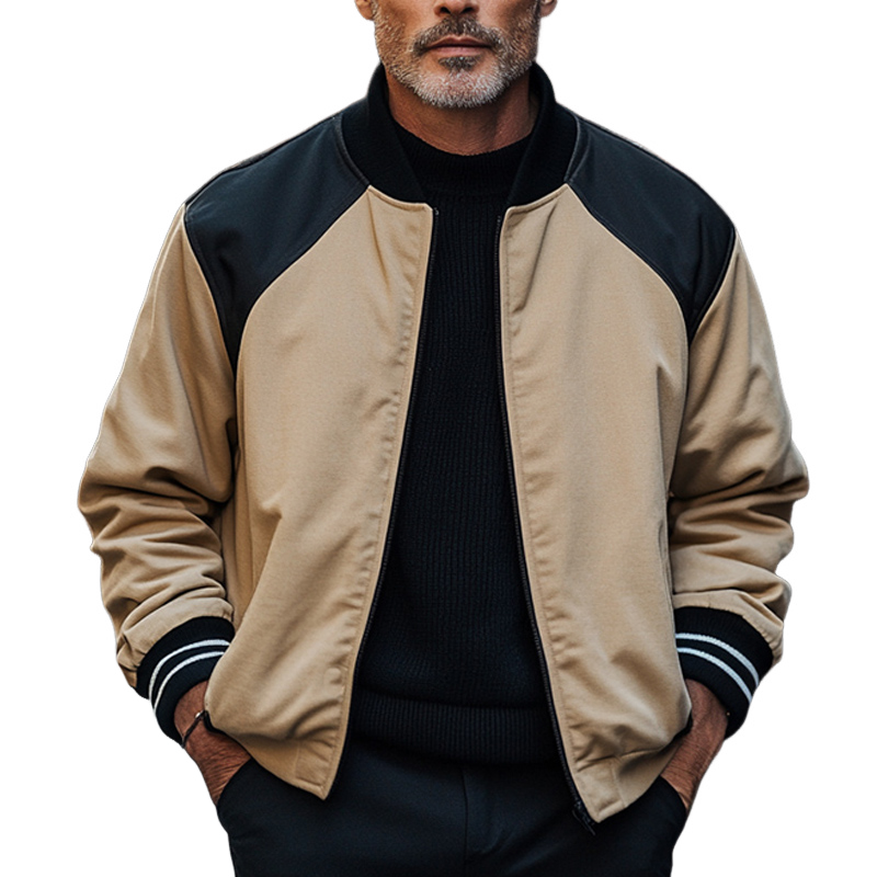 Men's Retro Black Camel Colorblock Zipper Baseball Jacket 26399305U