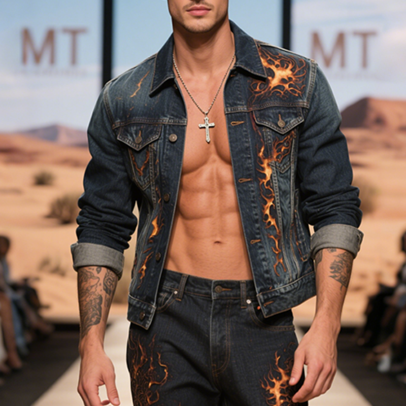 Men's Retro Casual Washed Denim Flame Print Lapel Single Breasted Jacket  MTA2921E0TO