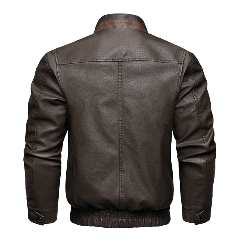 Men's Vintage Double Collar Leather Long Sleeve Zip Fly Bomber Jacket 26675178M