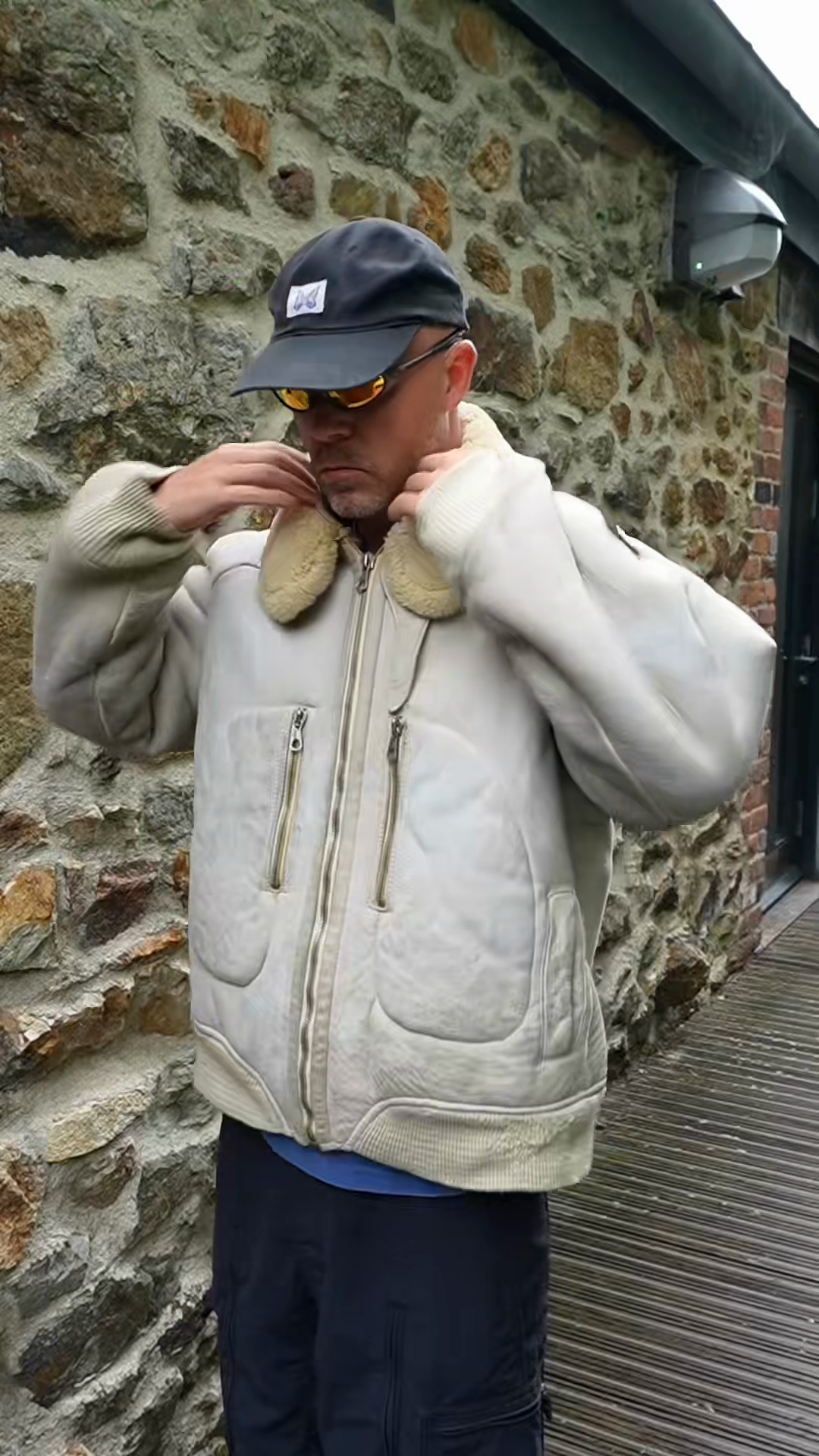 Beige Shearling - Collared Bomber Jacket