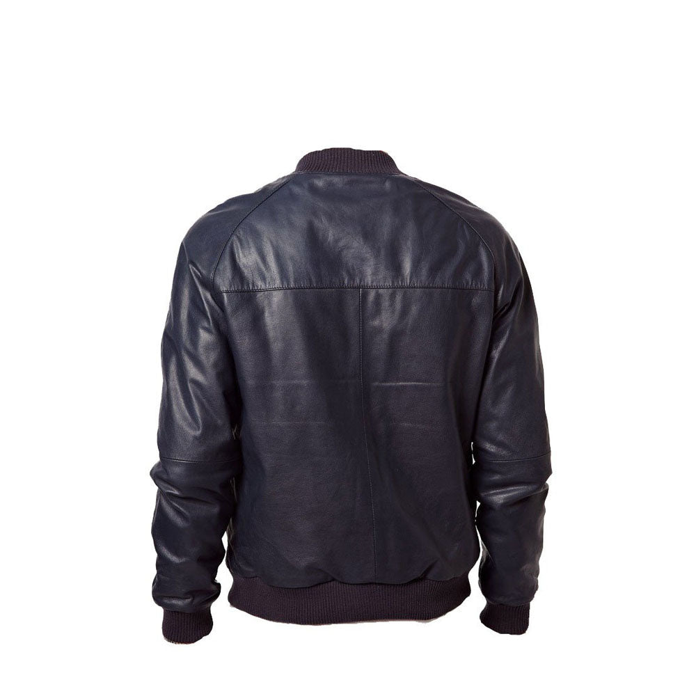 Navy blue bomber style leather jacket