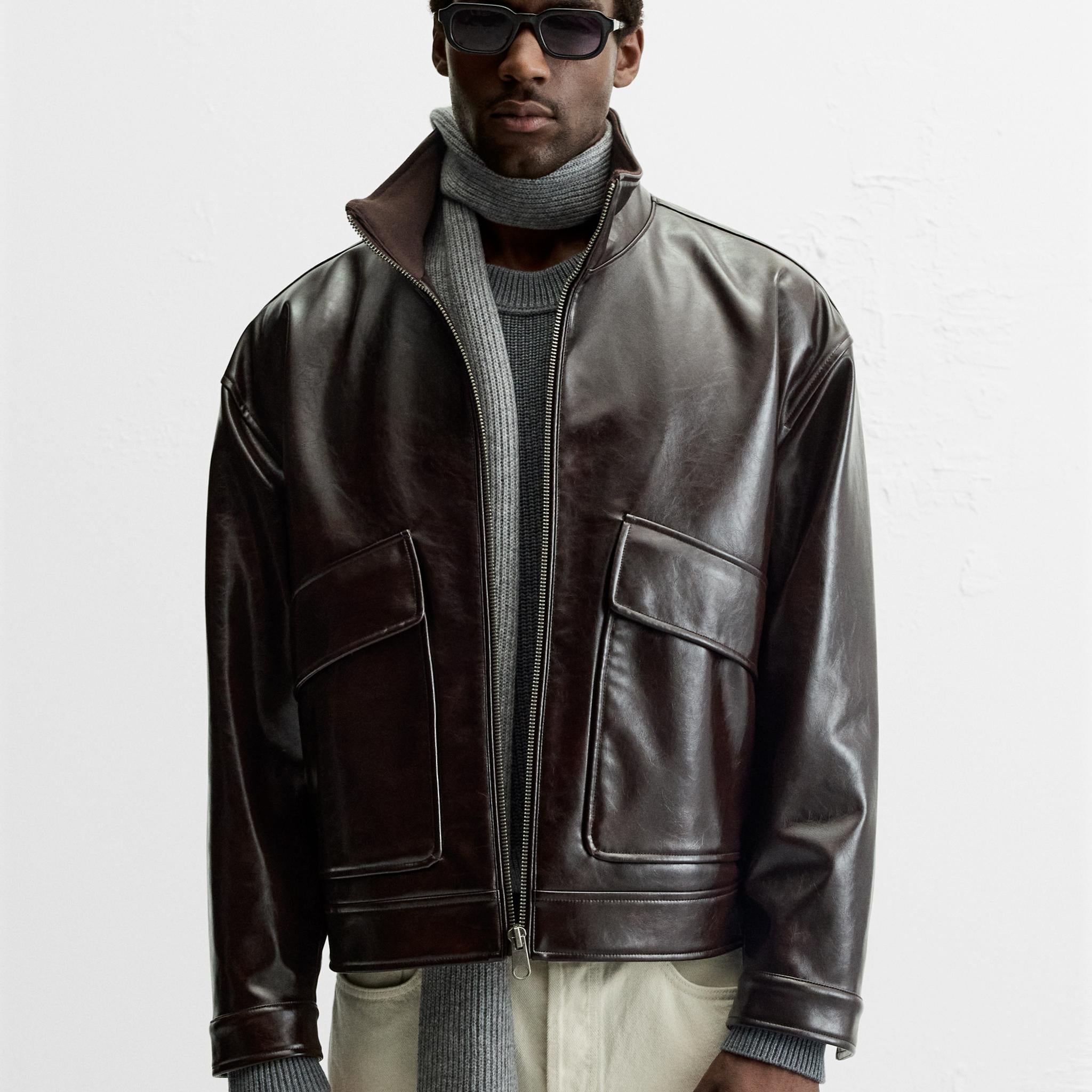 Dark Brown Leather Zip - Up Jacket