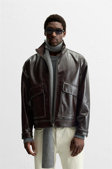 Dark Brown Leather Zip - Up Jacket