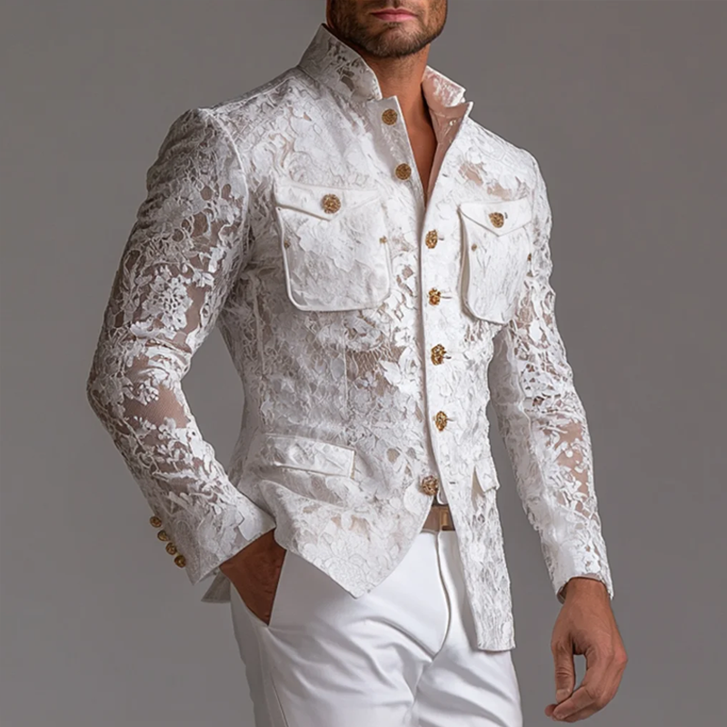 Men's Lace Stand Collar Multi-pocket Long Sleeve Jacket MTA0973F2Z