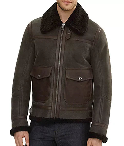 Batisto Vintage Brown Aviator Shearling Bomber Jacket