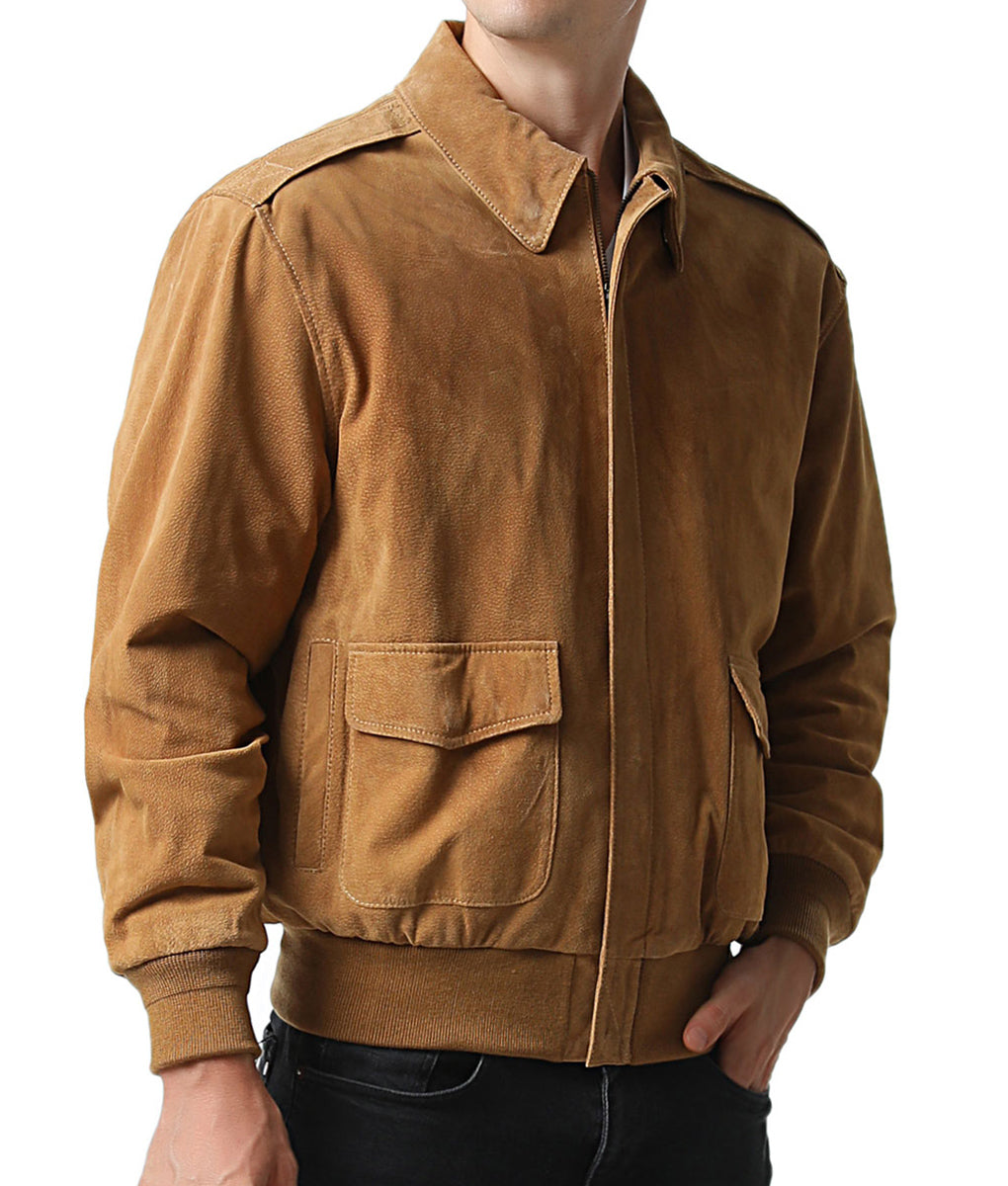 Khai Men’s Caramel RAF A2 Flight Bomber Suede Jacket