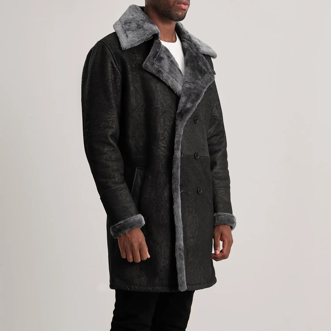 Charles Distressed Black Leather Shearling Double-Breasted Coat