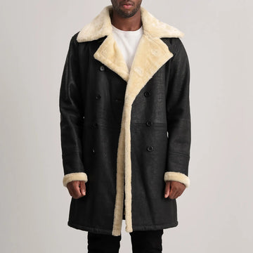 Charles Tumbled Black Leather Shearling Double-Breasted Coat