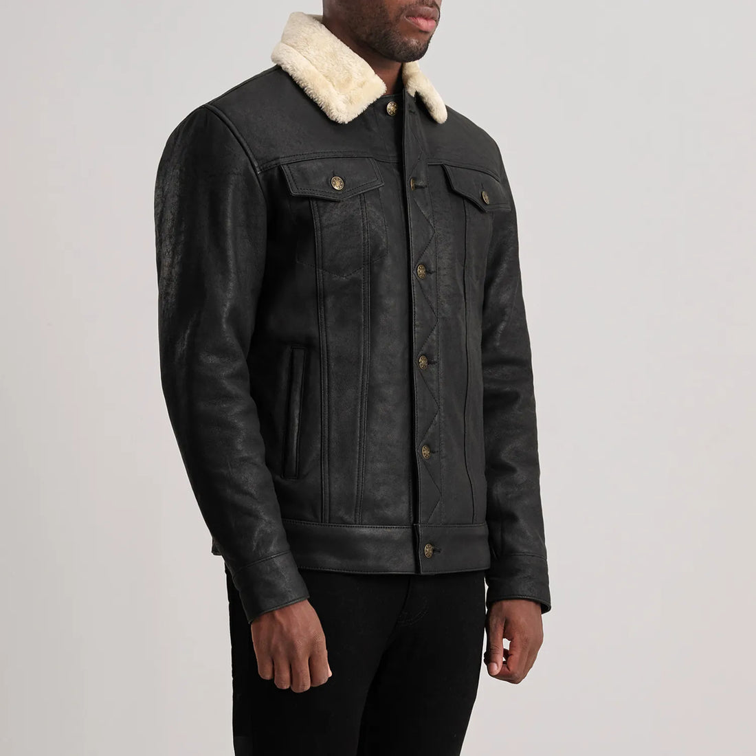 Dallis Distressed Black Leather Shearling Trucker Jacket