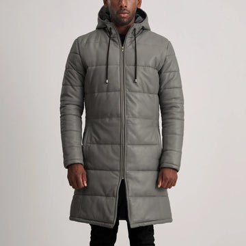 Floyd Grey Hooded Leather Puffer Coat
