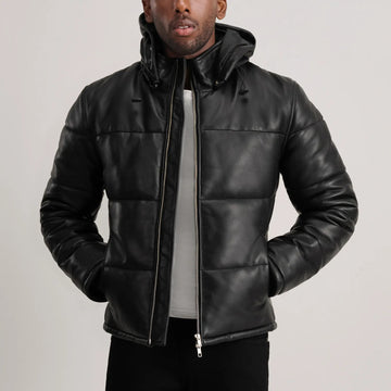 Gordon Black Hooded Leather Puffer Jacket