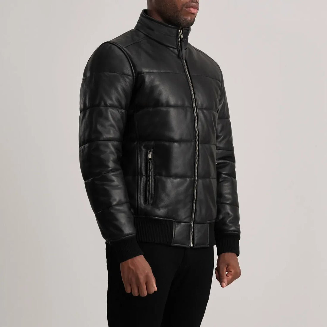 Lucas Black Leather Puffer Bomber Jacket