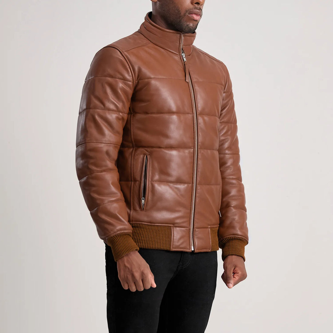 Lucas Brown Leather Puffer Bomber Jacket