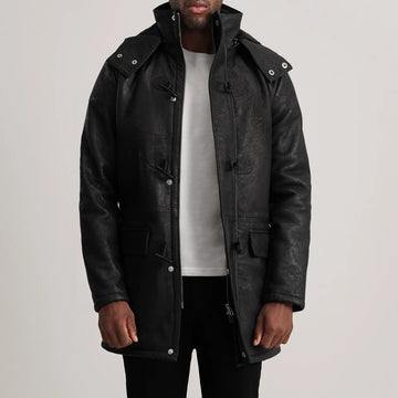 Nolan Distressed Black Leather Duffle Coat