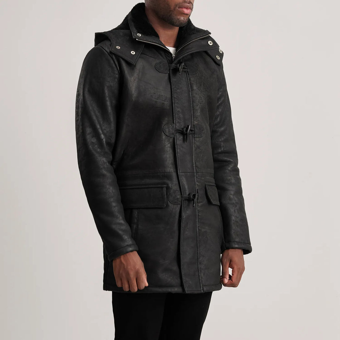 Nolan Distressed Black Leather Duffle Coat