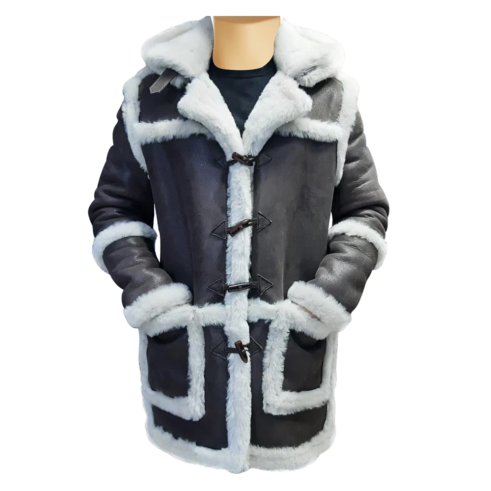 Rayyan's 3/4 length Rancher hooded shearling coat
