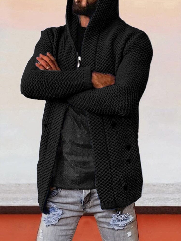 Solid Hooded Holey Sweater Coat