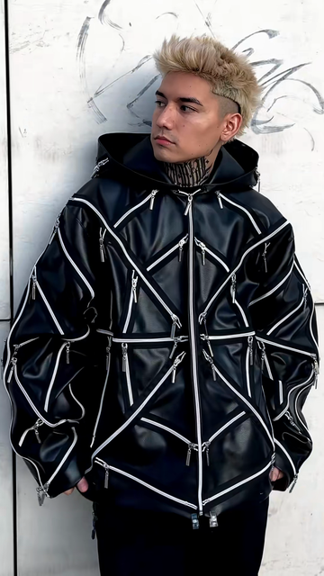 Multi - Zip Black Hooded Leather Jacket