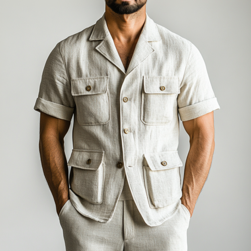 Men's Casual Breathable Linen Cuban Collar Multi-pocket Slim Fit Short Sleeve Safari Jacket MTA2920E8M