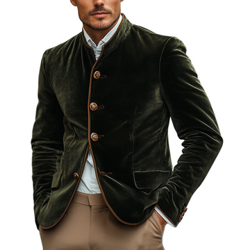 Men's Vintage Green Velvet Stand Collar Slim Jacket 51943737U