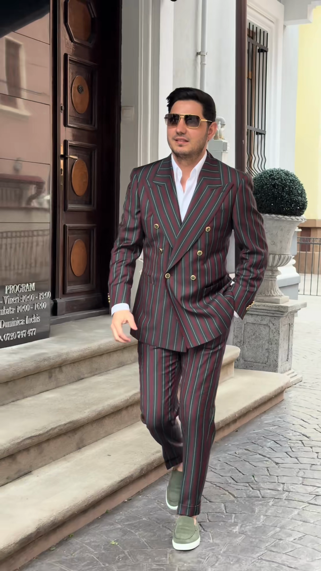 Burgundy and Green Double-breasted Pinstripe Suit