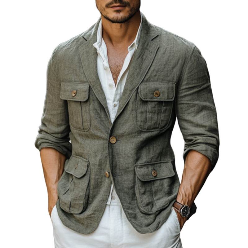 Men's Casual Breathable Linen Cuban Collar Multi-pocket Slim Fit Safari Jacket MTA2900E2M
