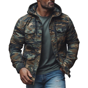 Men's Casual Outdoor Camouflage Hooded Multi-Pocket Single-Breasted Jacket 42185129M